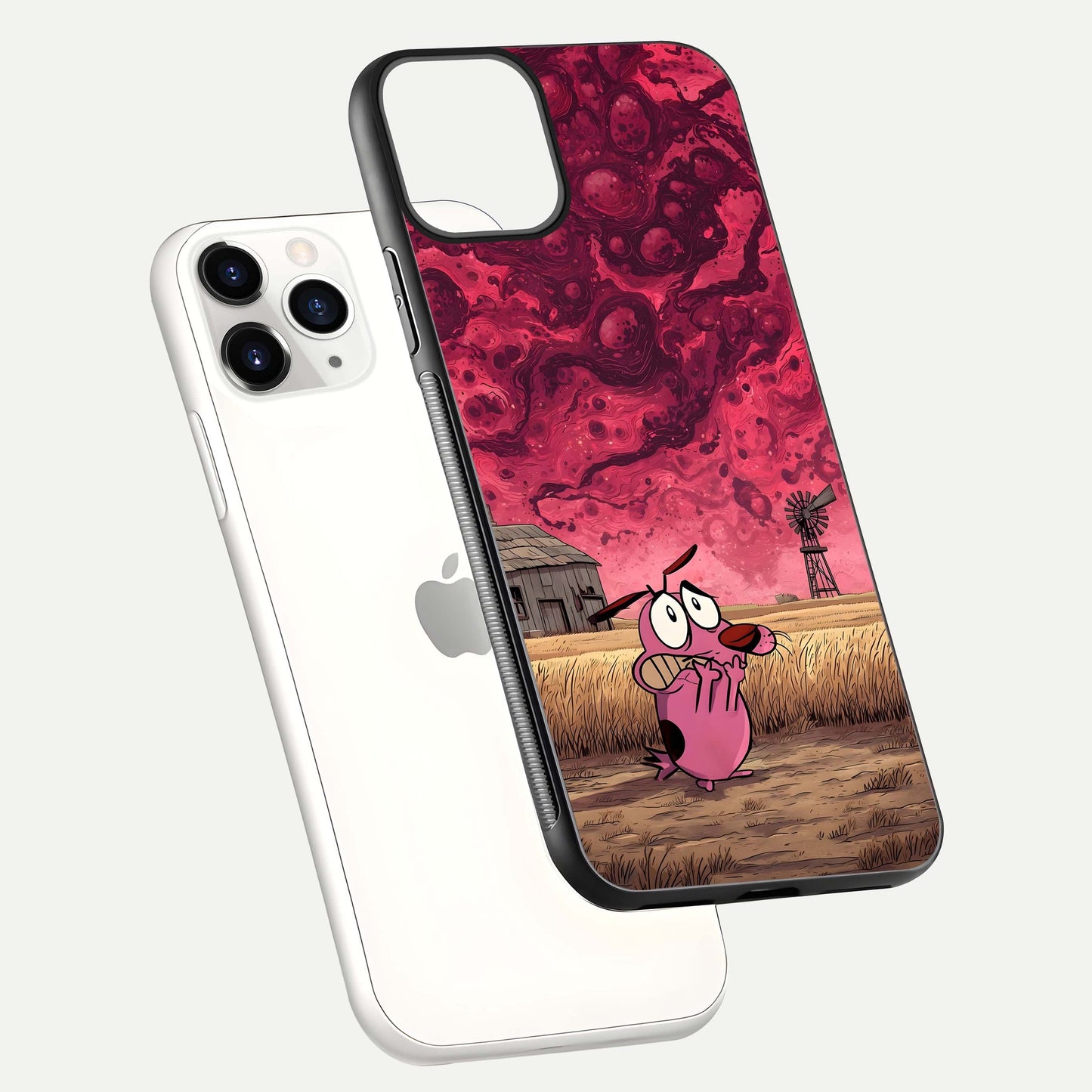 Courage Under Sky Glass Case for iPhone 11 Pro floating mockup showing shine reflection and clean edges