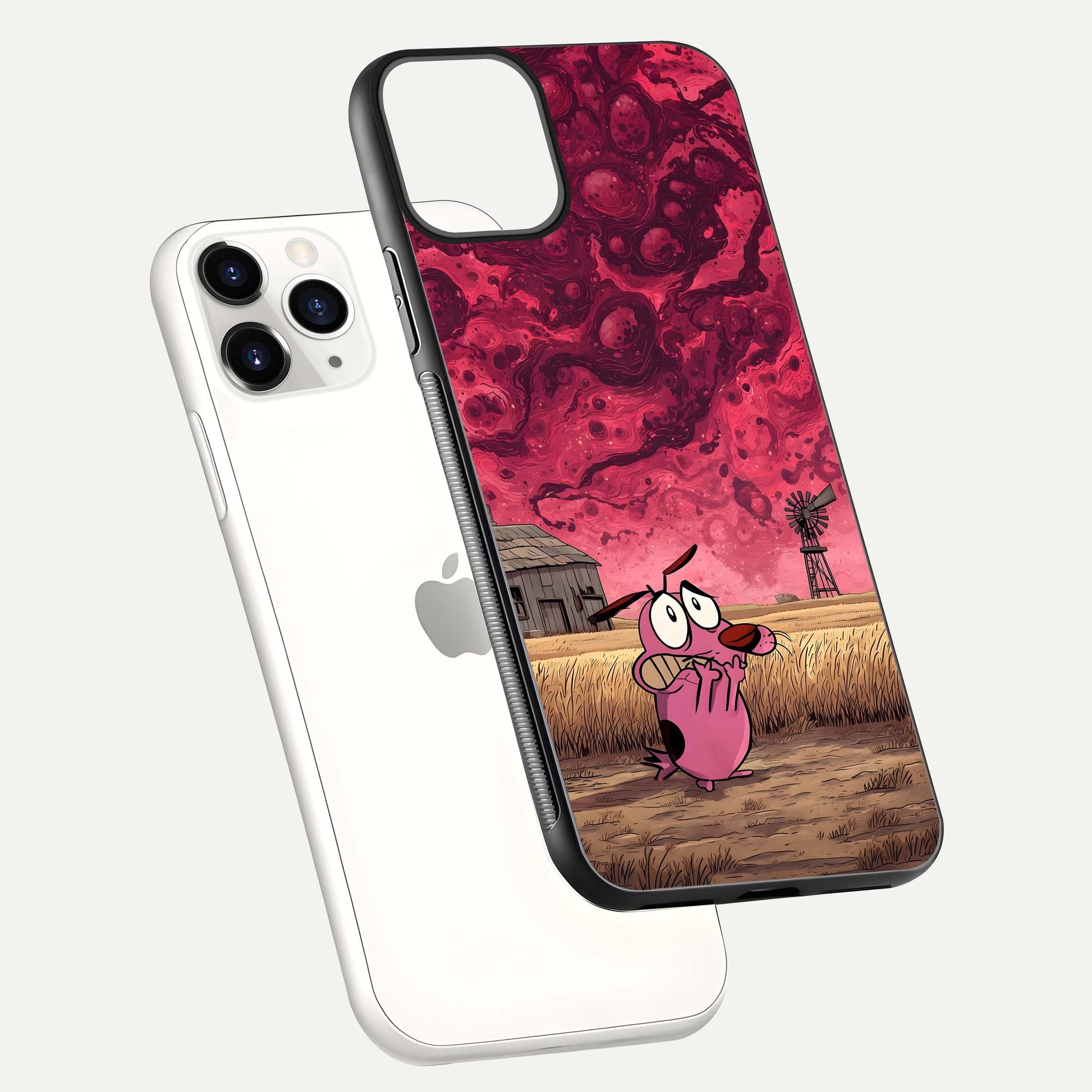 Courage Under Sky Glass Case for iPhone 11 Pro floating mockup showing shine reflection and clean edges