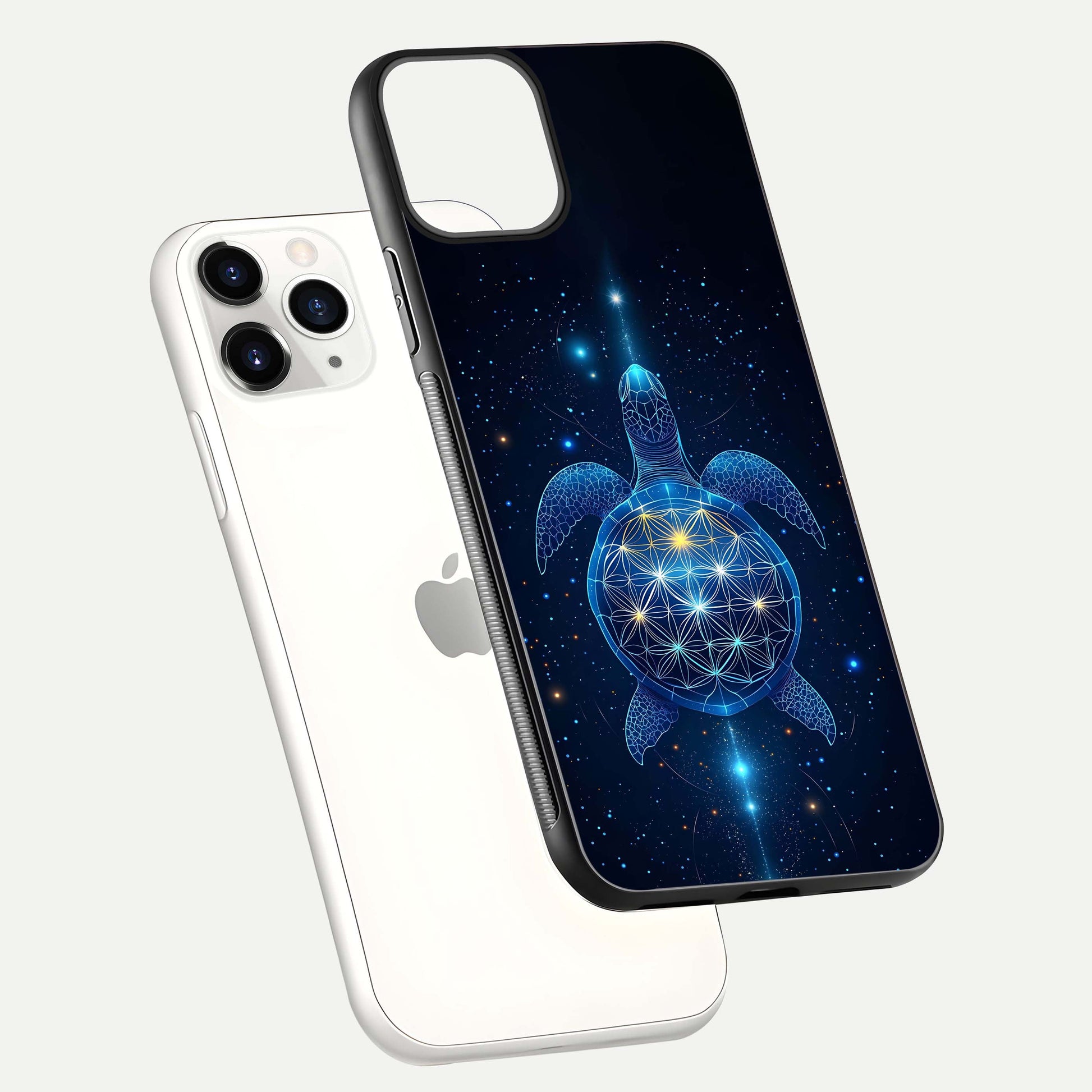 Crimson Blue Turtle Glass Case for iPhone 11 Pro floating mockup showing reflection polish and deep hues