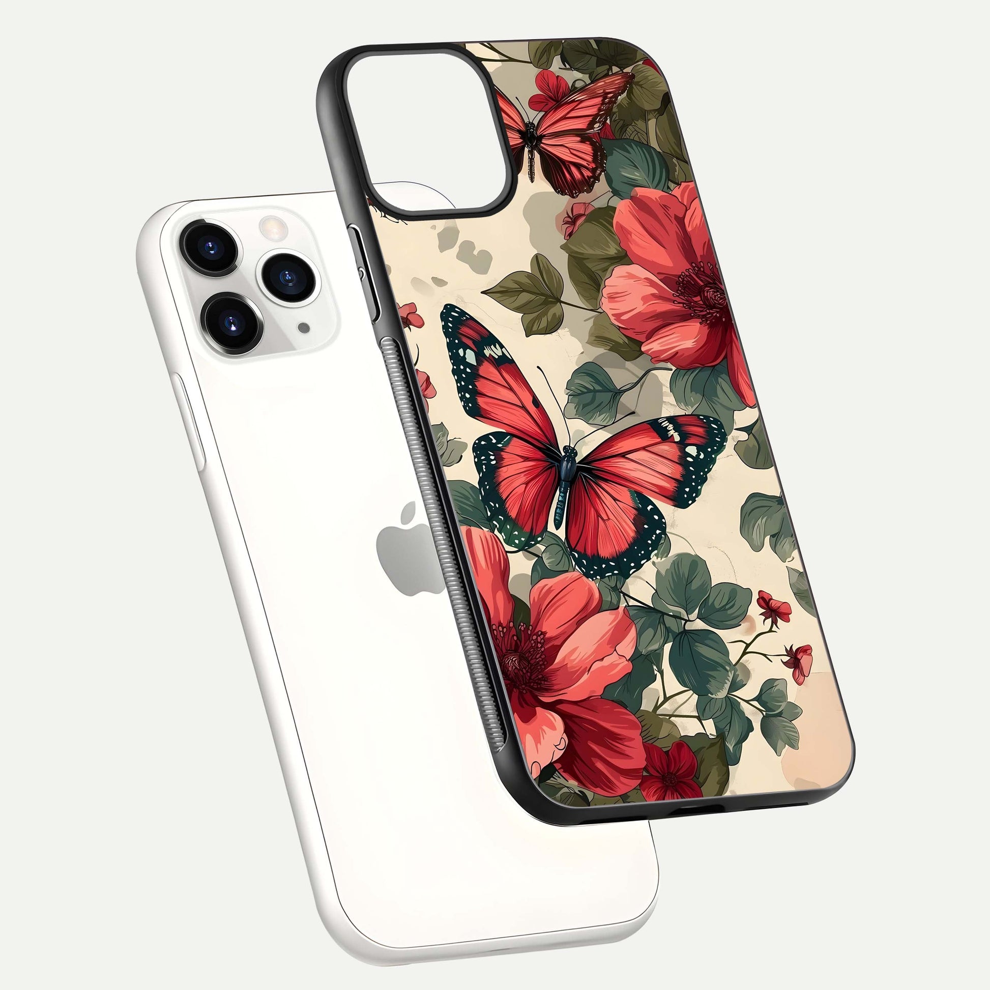 Crimson Butterfly Garden Glass Case for iPhone 11 Pro floating mockup showing HD gloss and vivid art