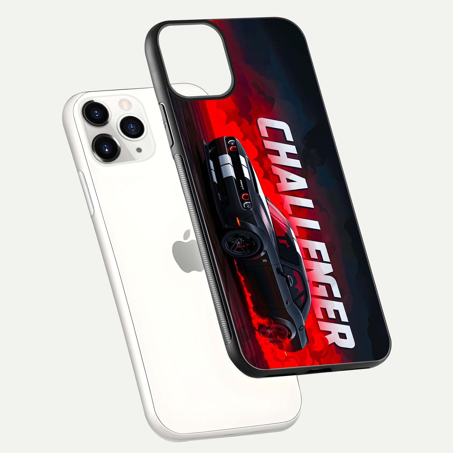 Crimson Challenger Fury Glass Case for iPhone 11 Pro floating mockup showing HD gloss and sleek shine