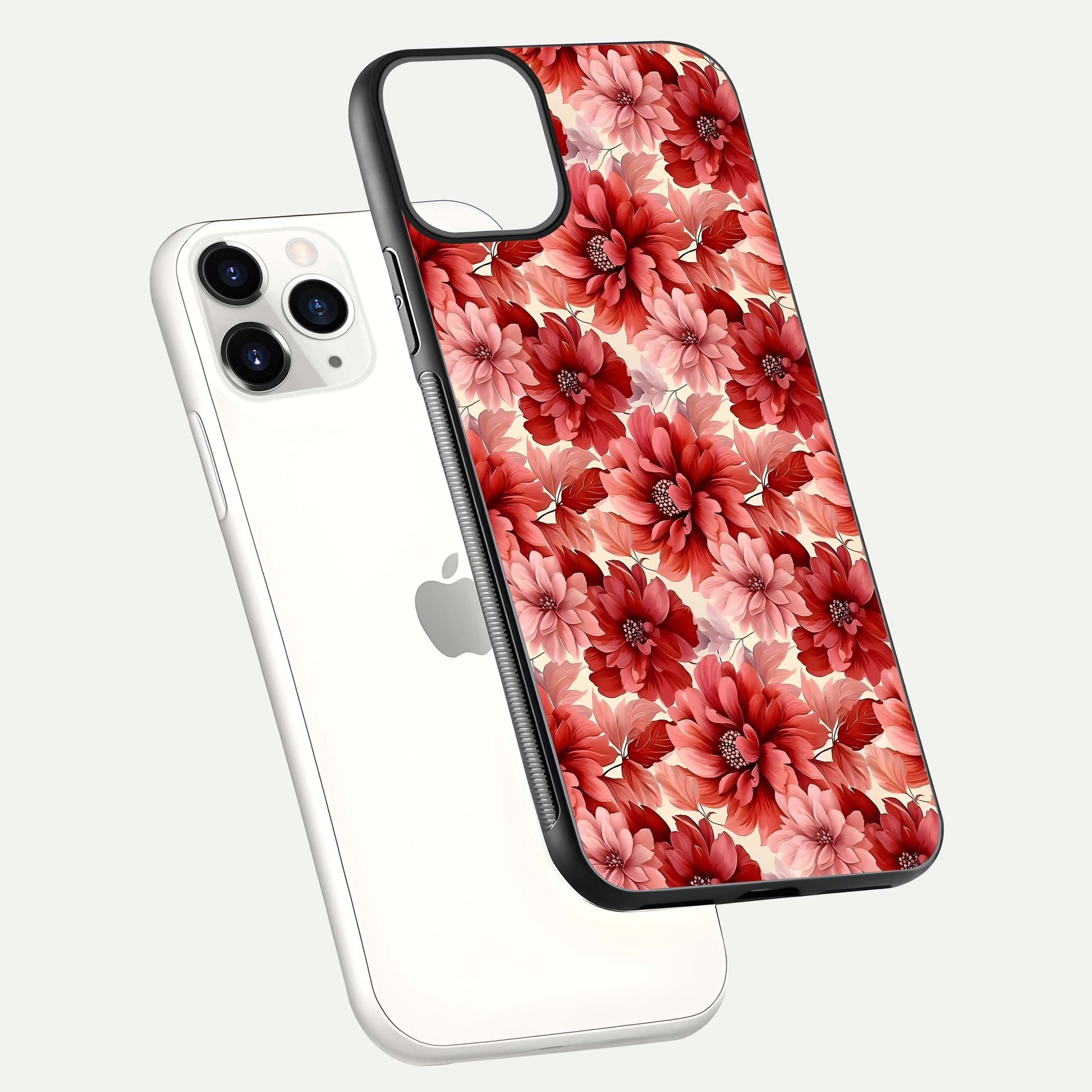Crimson Love Petals Glass Case for iPhone 11 Pro floating mockup showing HD gloss and vivid detail