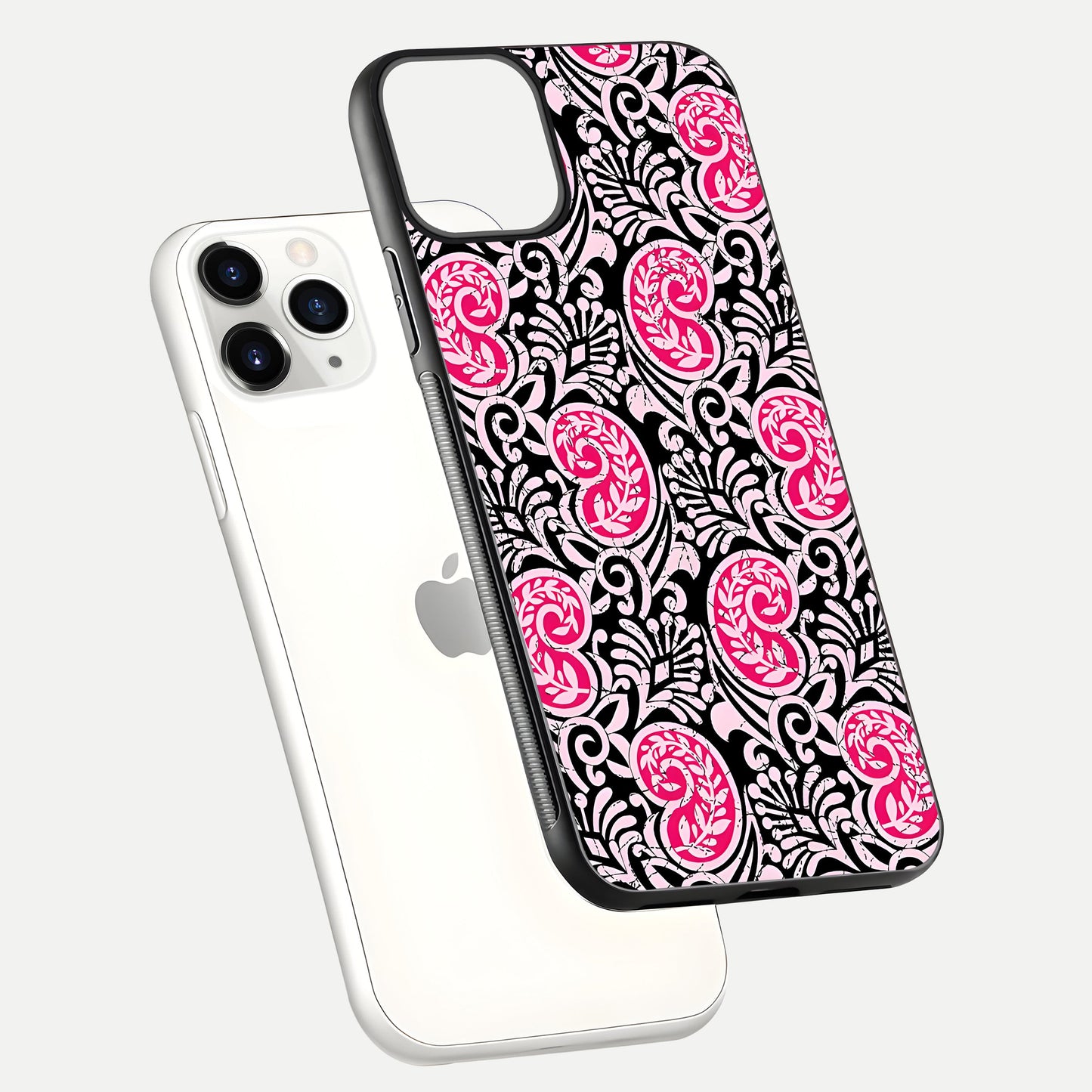 Crimson Paisley Charm Glass Case for iPhone 11 Pro floating mockup showing gloss shine and texture clarity