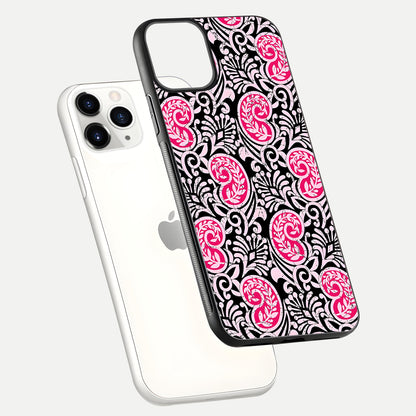 Crimson Paisley Charm Glass Case for iPhone 11 Pro floating mockup showing gloss shine and texture clarity