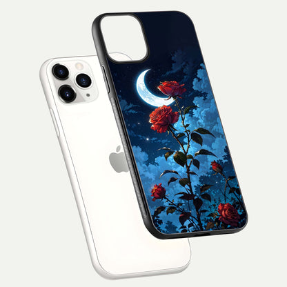 Crimson Rose Moon Glass Case for iPhone 11 Pro floating mockup showing HD shine and elegant contrast
