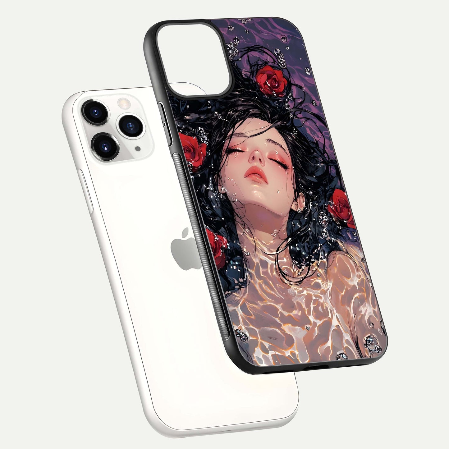 Crimson Rose Serenity Glass Case for iPhone 11 Pro floating mockup showing HD gloss and floral texture