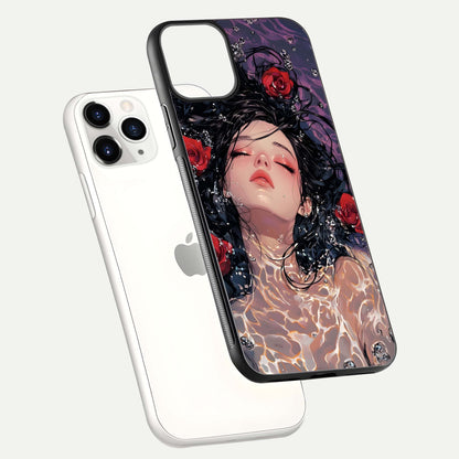 Crimson Rose Serenity Glass Case for iPhone 11 Pro floating mockup showing HD gloss and floral texture