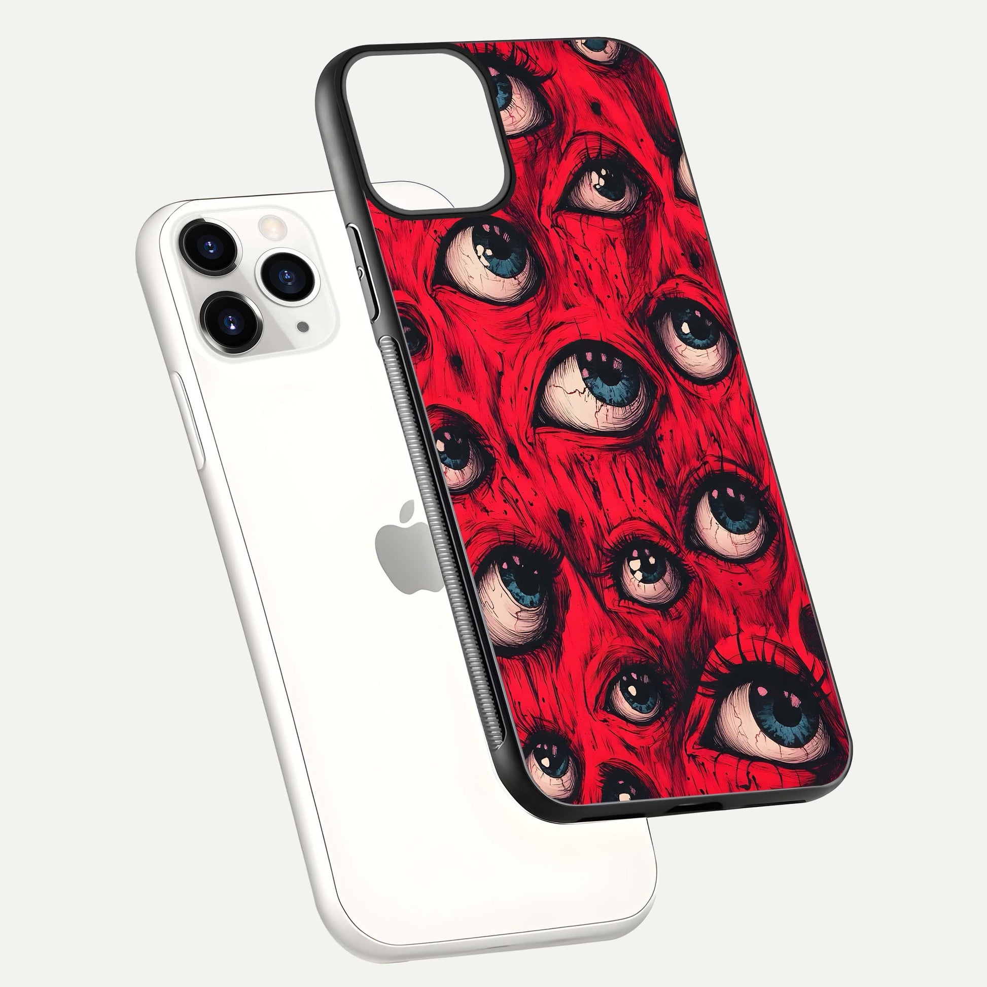 Crimson Watch Eyes Glass Case for iPhone 11 Pro floating mockup showing HD polish and bright gloss