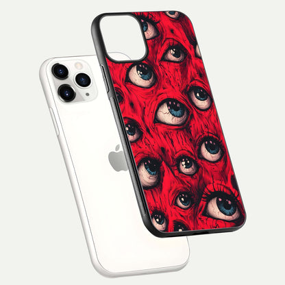 Crimson Watch Eyes Glass Case for iPhone 11 Pro floating mockup showing HD polish and bright gloss