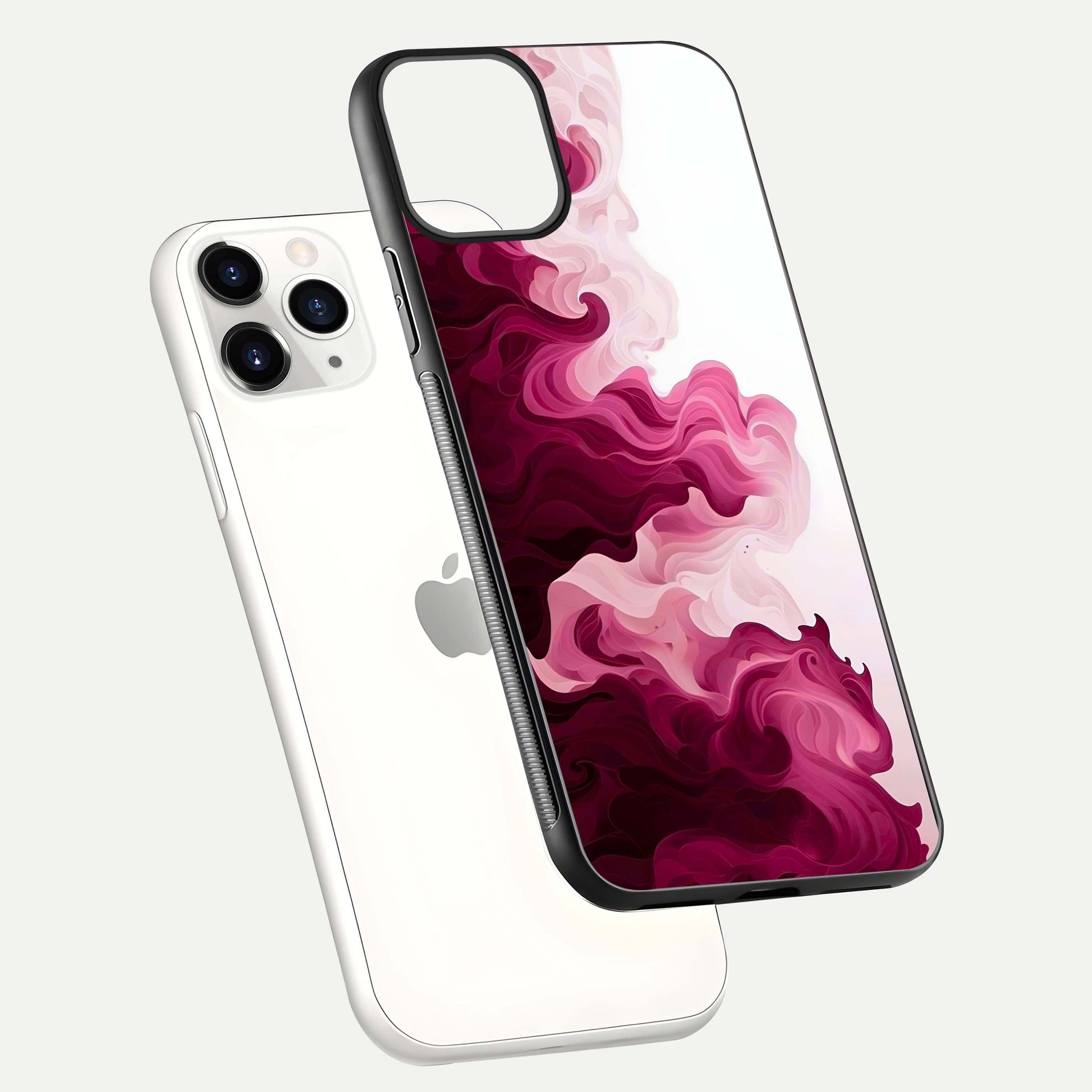 Crimson Wave Flow Glass Case for iPhone 11 Pro floating mockup showing gloss shine and smooth edge