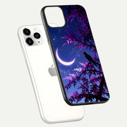 Crow & Moon Scenery Glass Case for iPhone 11 Pro floating mockup showing HD gloss texture and soft moonlight glow