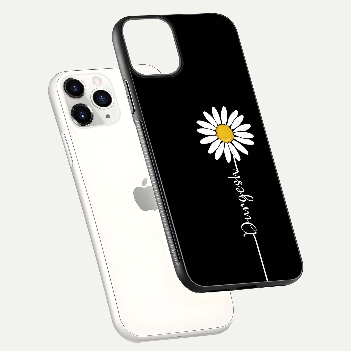 Custom Name White Flower Glass Case for iPhone 11 Pro floating mockup displaying HD gloss and delicate texture
