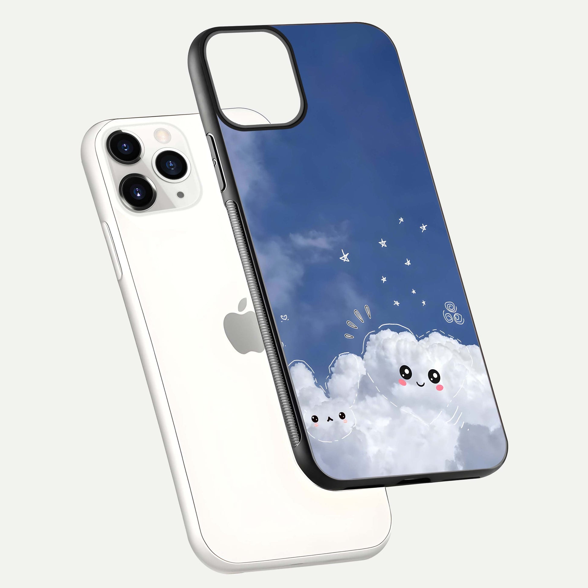 Cute Blossom Cloud Glass Case for iPhone 11 Pro floating mockup showing HD shine and soft gradient finish