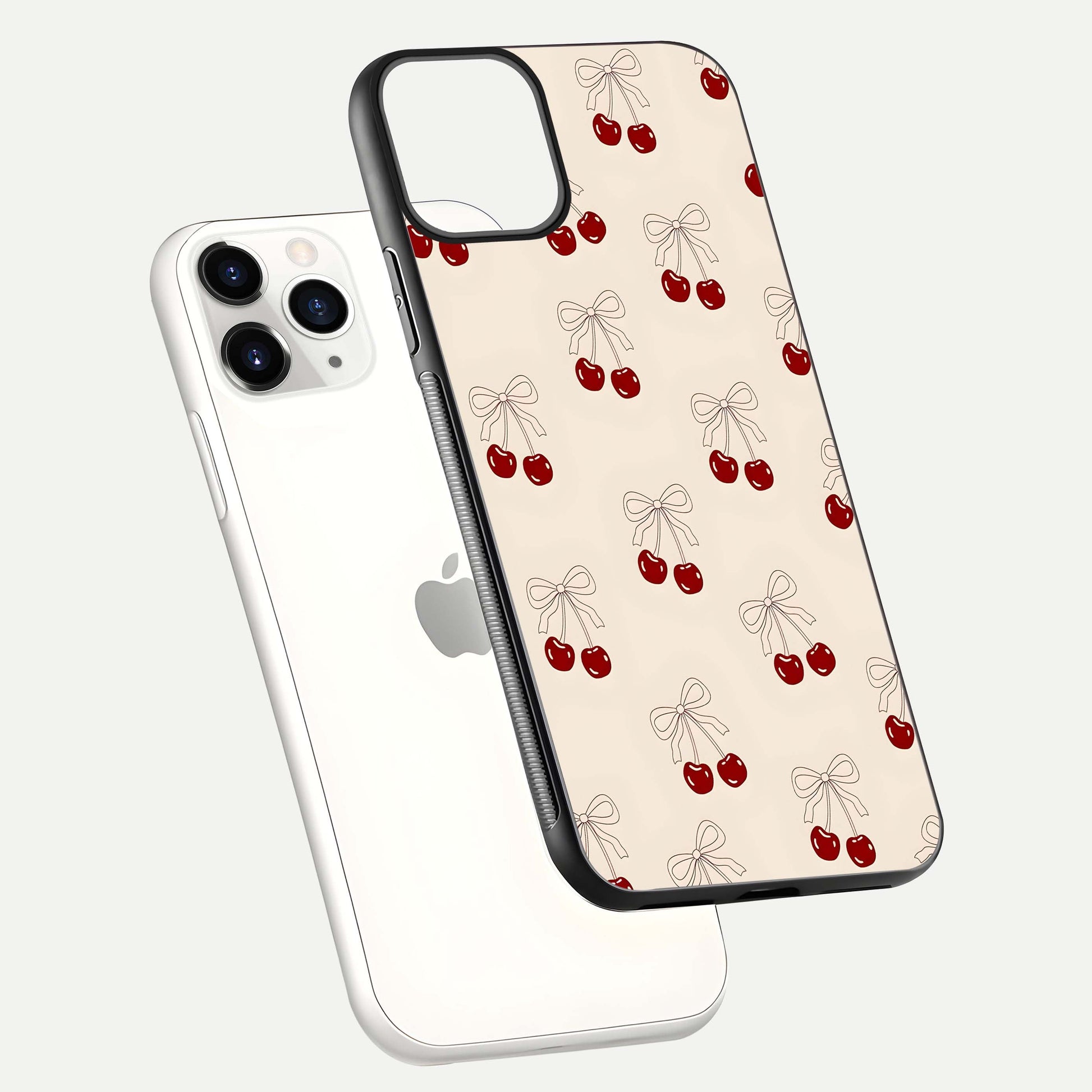 Cute Cherry Pattern Glass Case for iPhone 11 Pro floating mockup showing HD gloss shine and clear tones