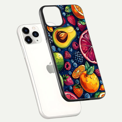 Cute Fruits Art Glass Case for iPhone 11 Pro floating mockup showing gloss brightness and vivid artwork