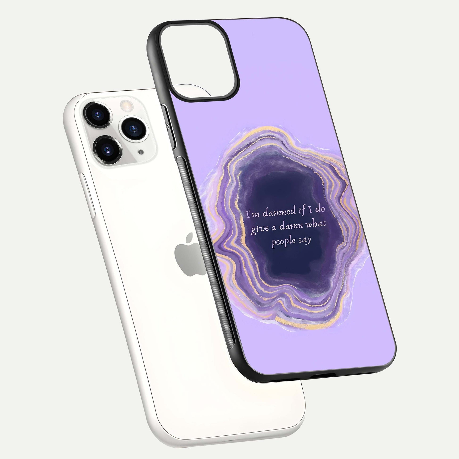 Damned People Quote Glass Case for iPhone 11 Pro floating mockup showing gloss reflection and text balance
