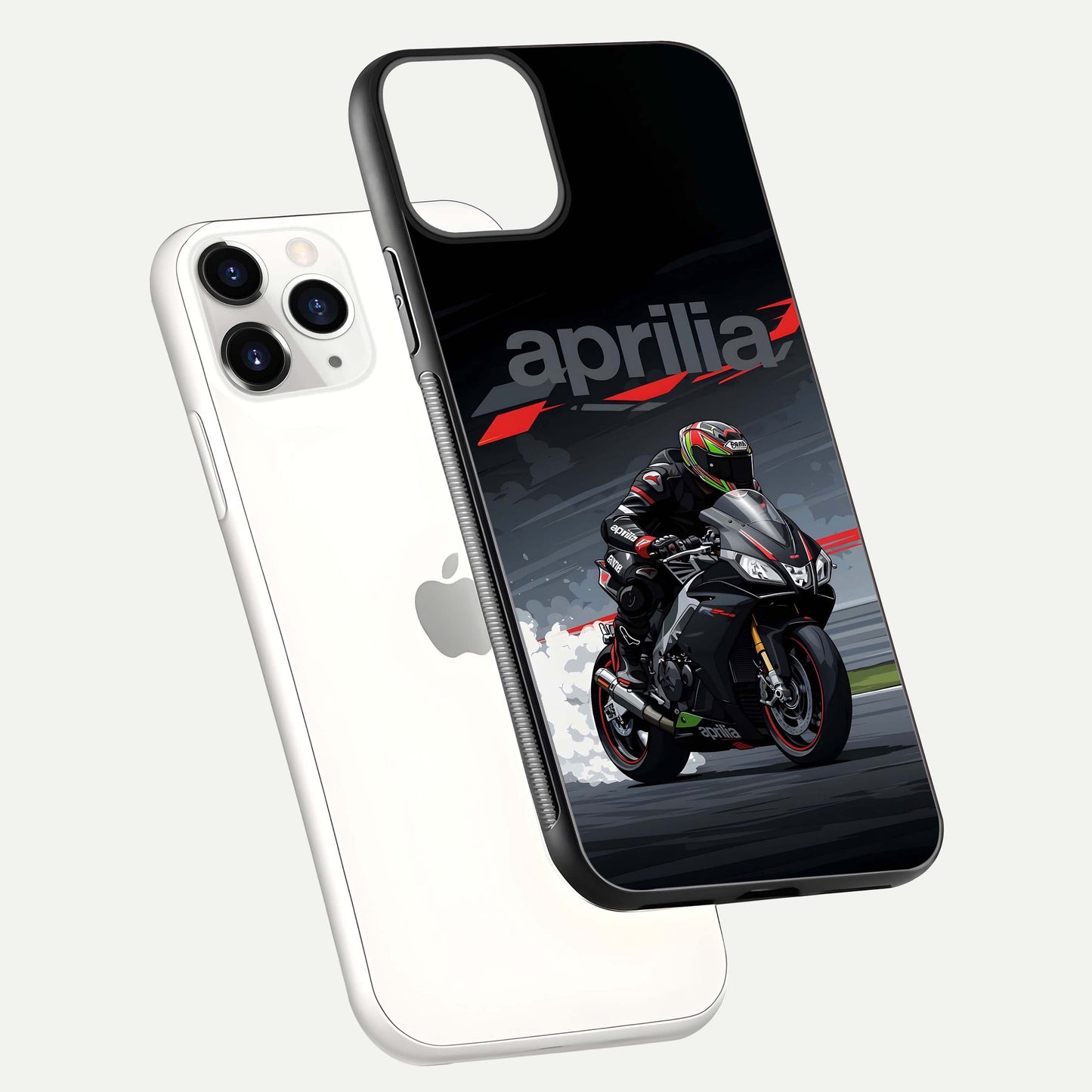 Dark Aprilla Glass Case for iPhone 11 Pro floating mockup showing glossy contrast and texture clarity