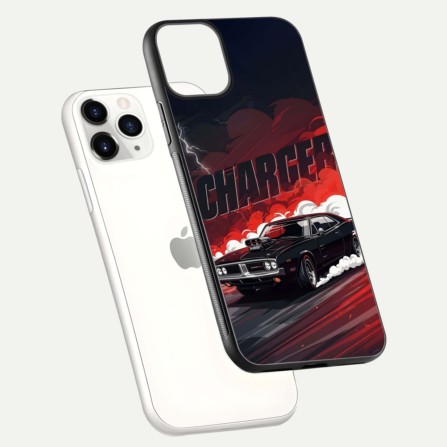 Dark Charger Fury Glass Case for iPhone 11 Pro floating mockup showing reflection depth and shiny surface