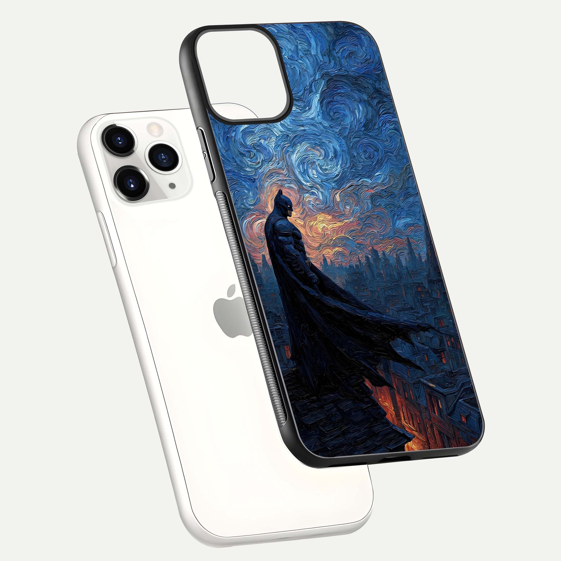 Dark Knight Dusk Glass Case for iPhone 11 Pro floating mockup showing glossy depth and cinematic lighting