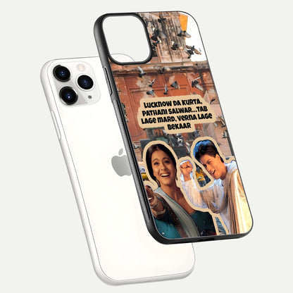Desi Retro Vibes Glass Case for iPhone 11 Pro floating mockup showing shine polish and vivid tones