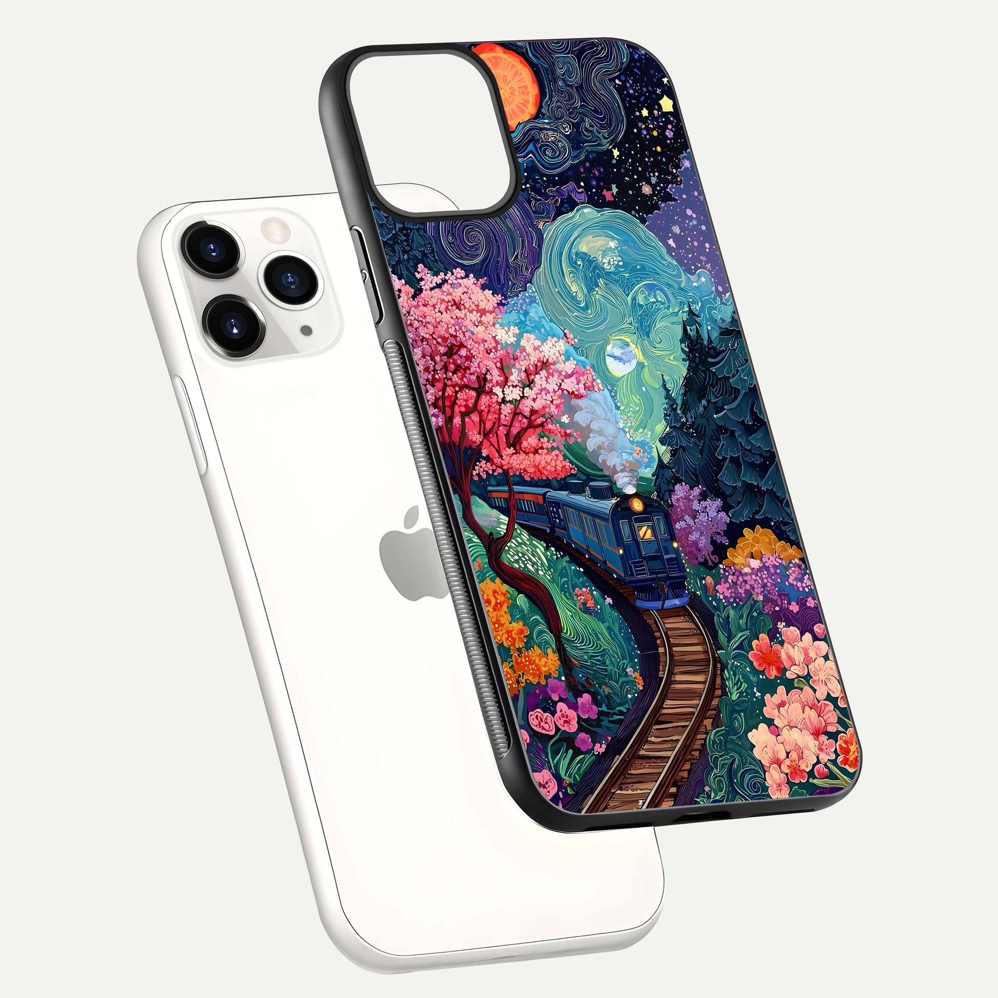 Digital Art Glass Case for iPhone 11 Pro floating mockup showing HD gloss and smooth reflection