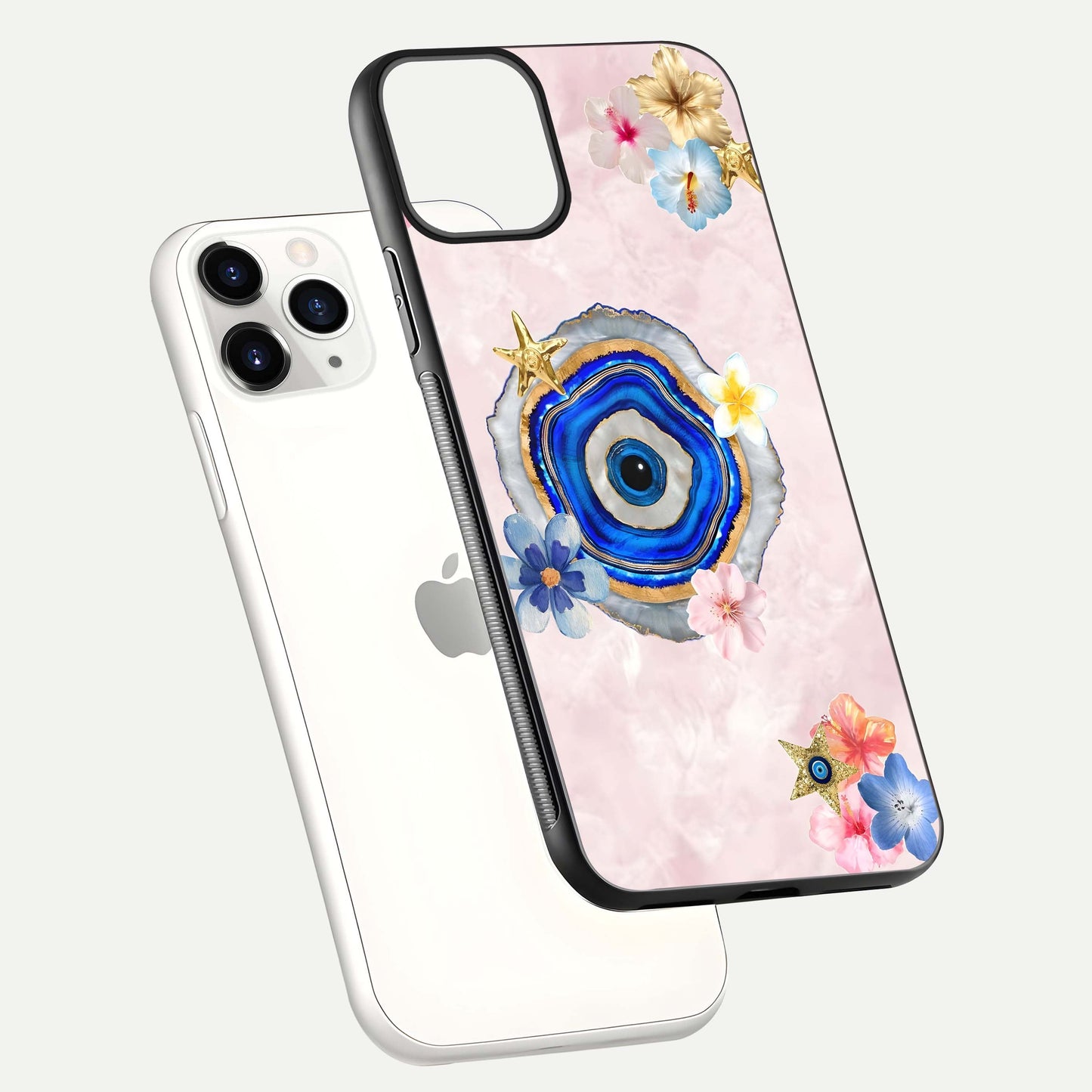 Divine Aura Bloom Glass Case for iPhone 11 Pro floating mockup showing gloss texture and elegant design