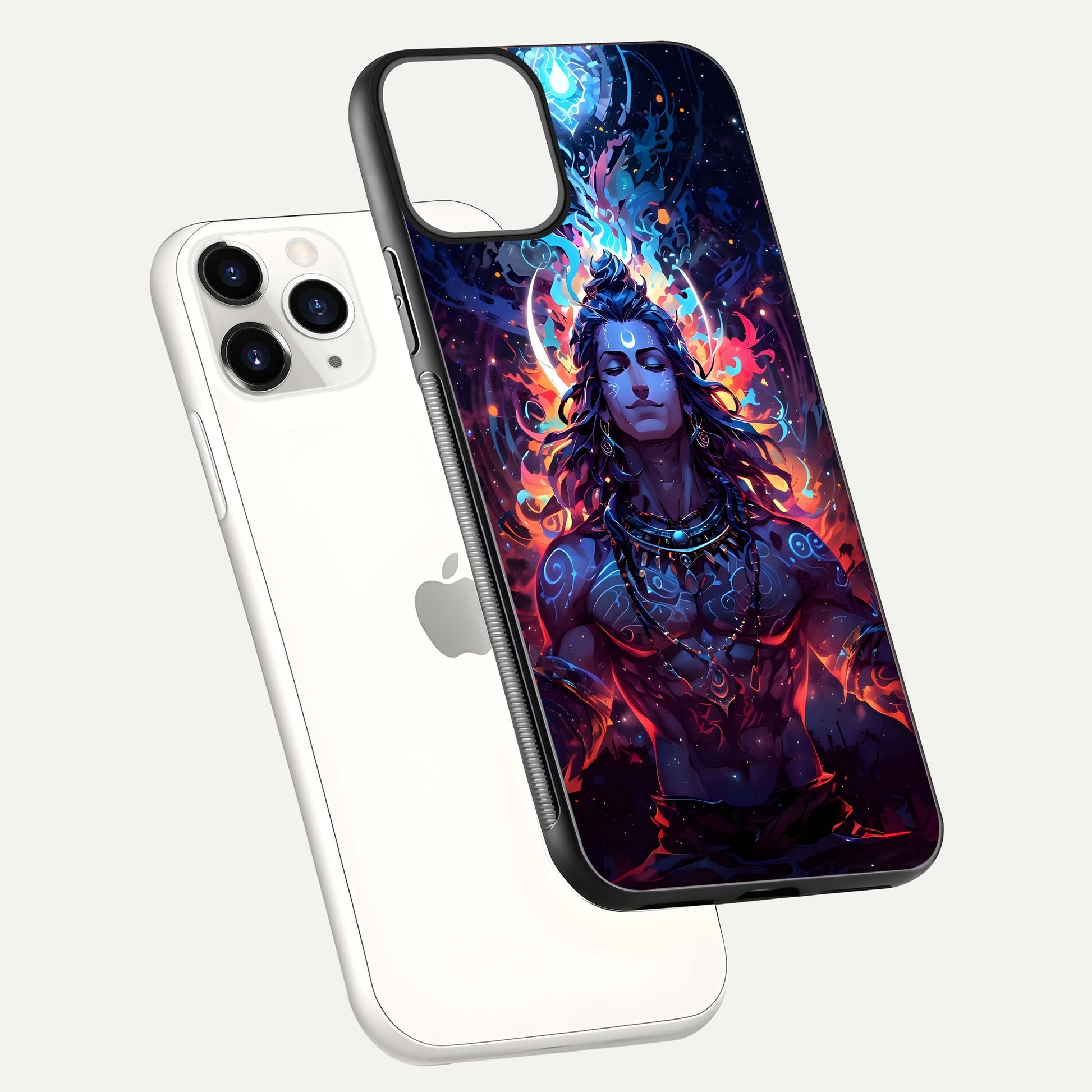 Divine Fire Shiv Glass Case for iPhone 11 Pro floating mockup showing glow texture and gloss finish