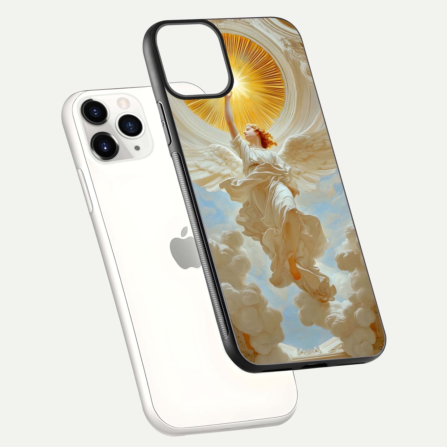 Divine Light Angel Glass Case for iPhone 11 Pro floating mockup showing gloss texture and radiant light