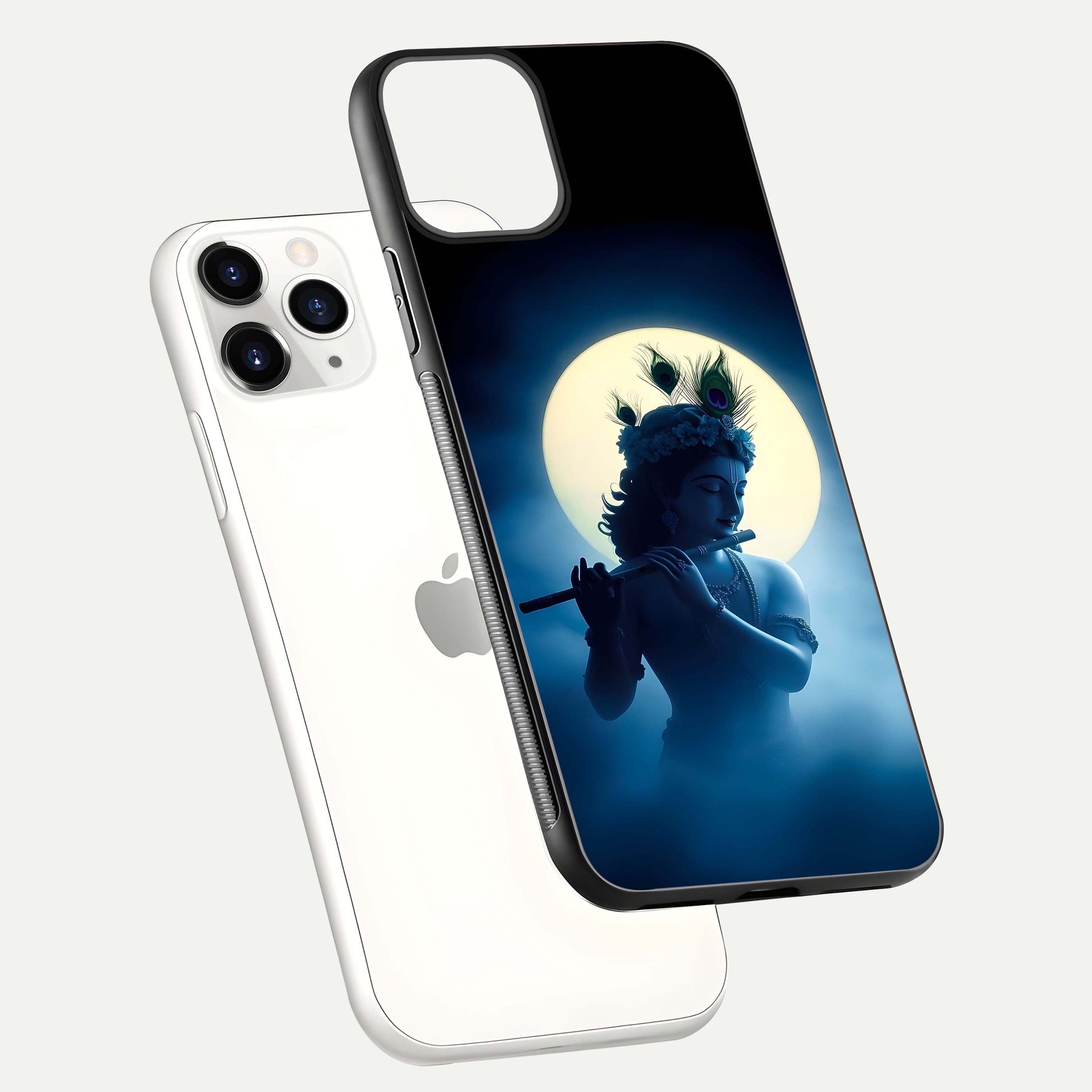 Divine Moon Flute Glass Case for iPhone 11 Pro floating mockup showing HD gloss and luminous texture