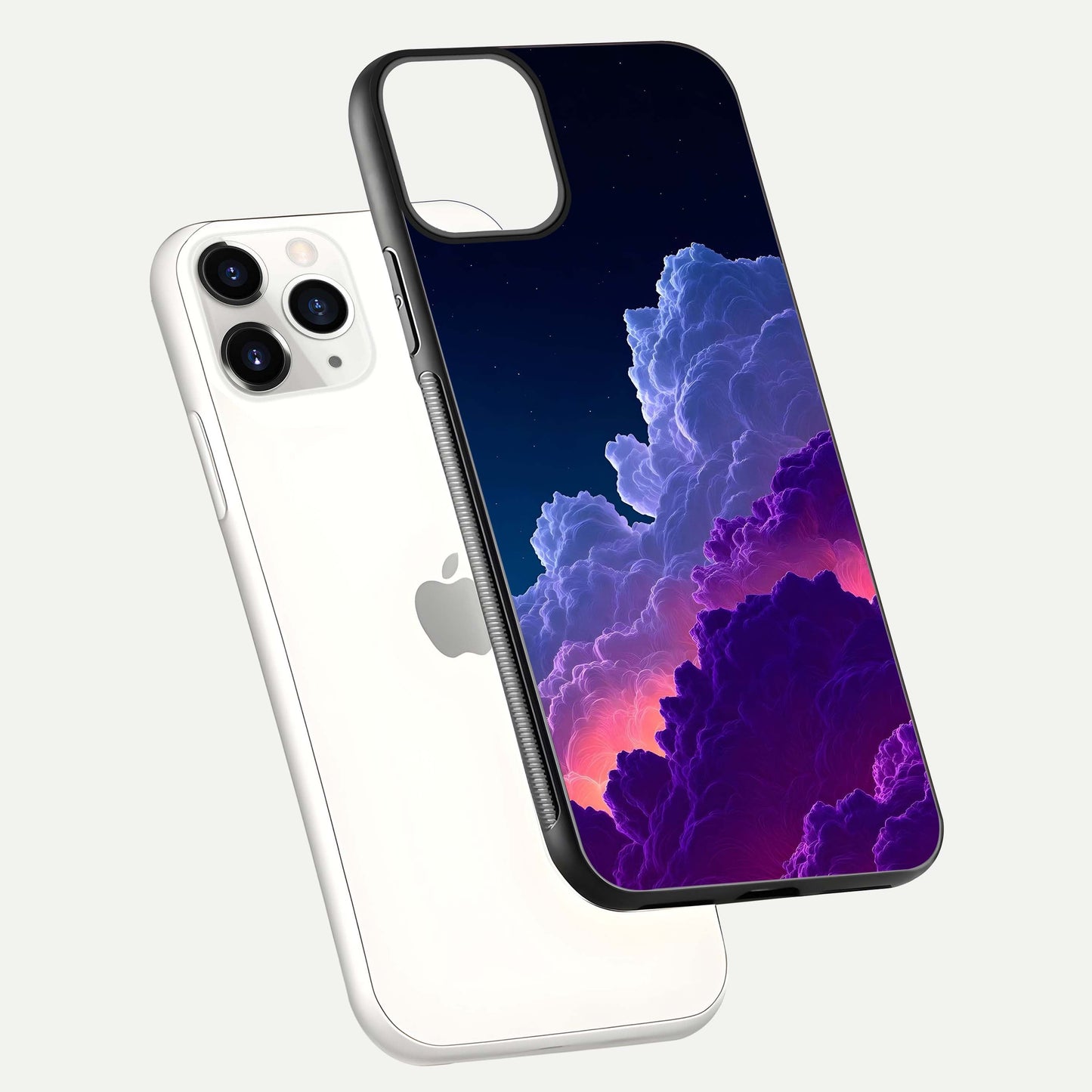 Dreamy Cloud Skies Glass Case for iPhone 11 Pro floating mockup showing glossy depth and delicate tone