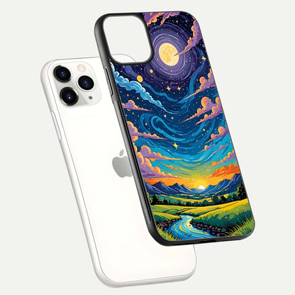 Dreamy Night Landscape Glass Case for iPhone 11 Pro floating mockup showing glossy depth and serene color