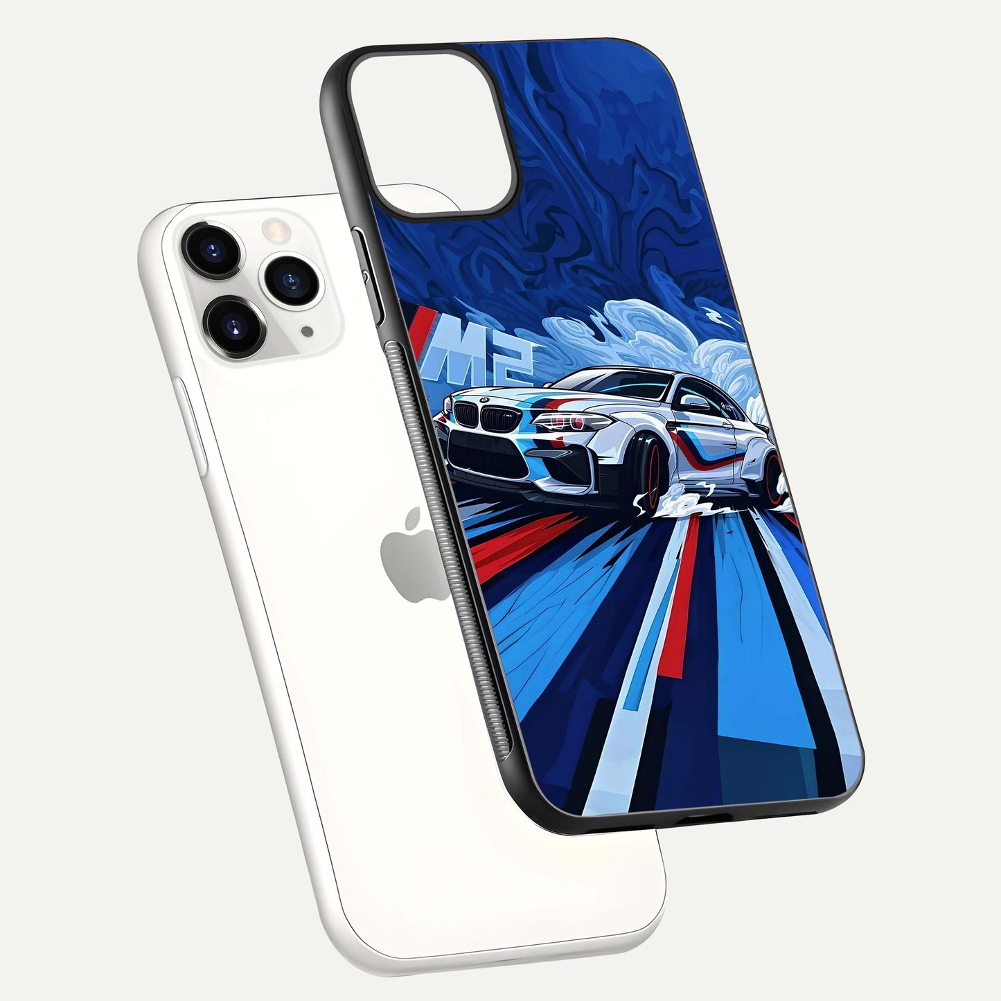 Drift Power Rush Glass Case for iPhone 11 Pro floating mockup showing gloss polish and speed-theme design