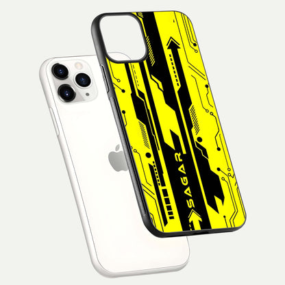 Electric Pulse CYBERPUNK Custom Name Glass Case for iPhone 11 Pro floating mockup showing HD gloss and vibrant cyberpunk glow