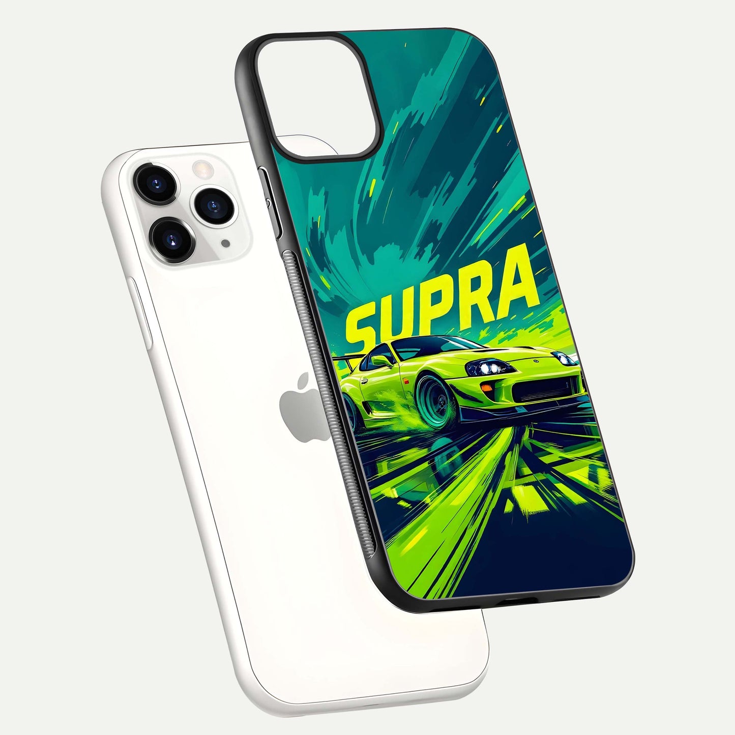 Electric Supra Thunder Glass Case for iPhone 11 Pro floating mockup showing gloss depth and energy glow