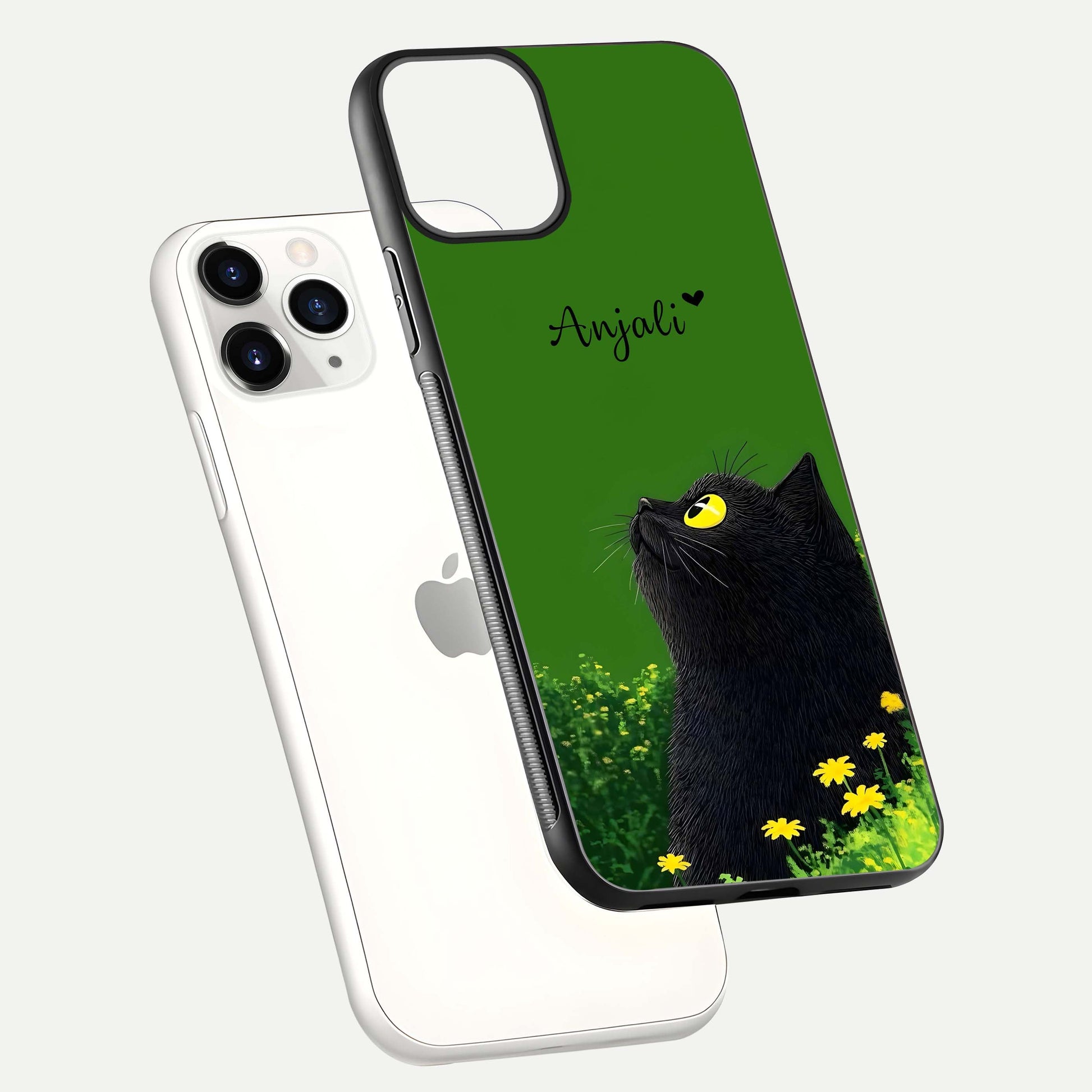 Emerald Cat Custom Name Glass Case for iPhone 11 Pro floating mockup showing HD gloss and soft gradient