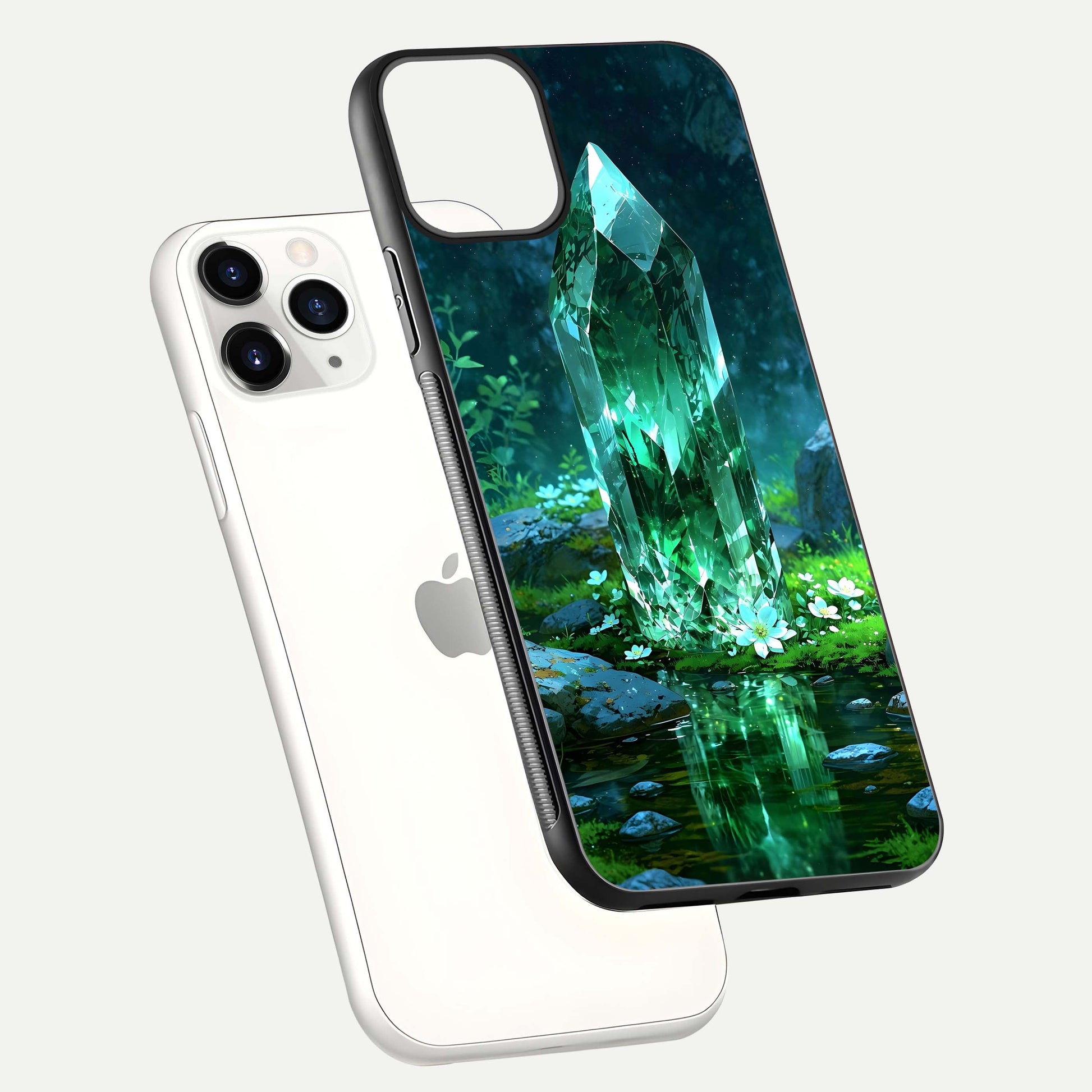 Emerald Light Crystal Glass Case for iPhone 11 Pro floating mockup showing glossy finish and radiant light pattern
