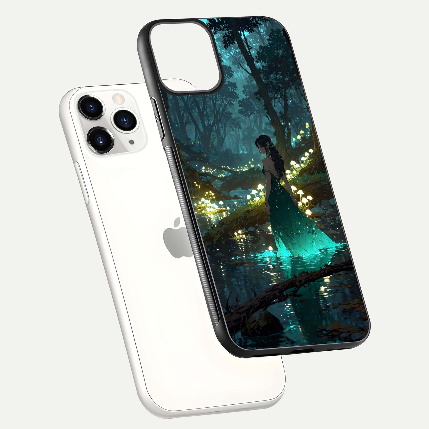 Enchanted Forest Glow Glass Case for iPhone 11 Pro floating mockup showing gloss polish and fantasy vibe