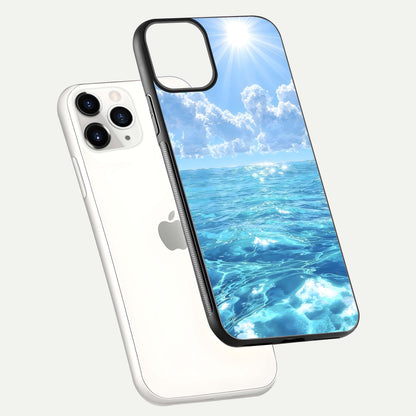 Endless Ocean Horizon Glass Case for iPhone 11 Pro floating mockup showing HD gloss and tranquil color