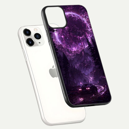 Eternal Cosmic Drive Glass Case for iPhone 11 Pro floating mockup showing glossy polish and vivid glow