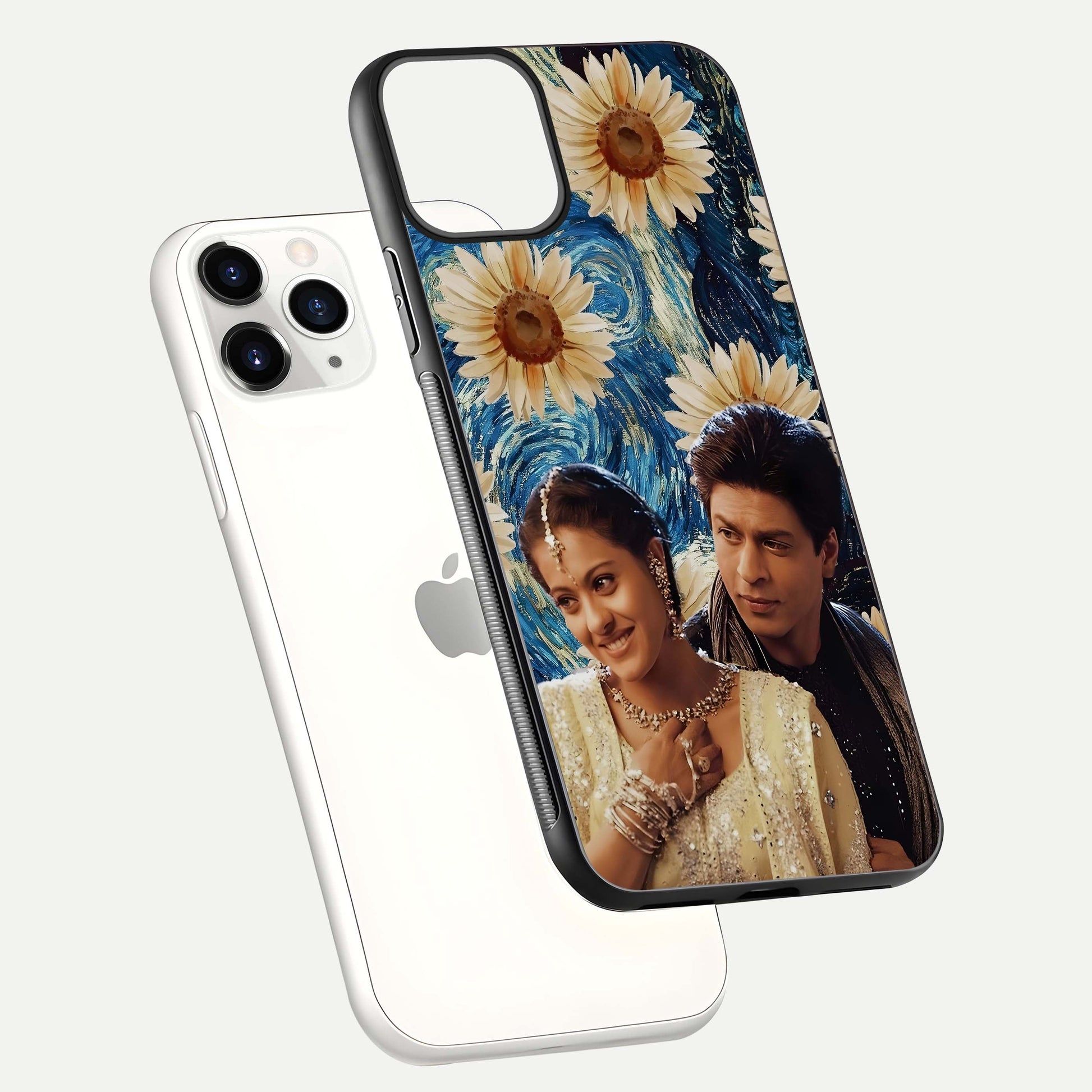 Eternal Love Story Glass Case for iPhone 11 Pro floating mockup showing glossy shine and romantic tone