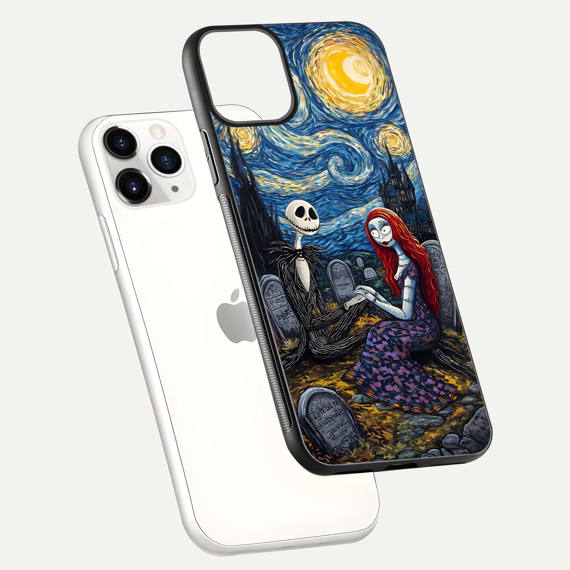 Eternal Night Love Glass Case for iPhone 11 Pro floating mockup showing gloss brightness and romantic vibe