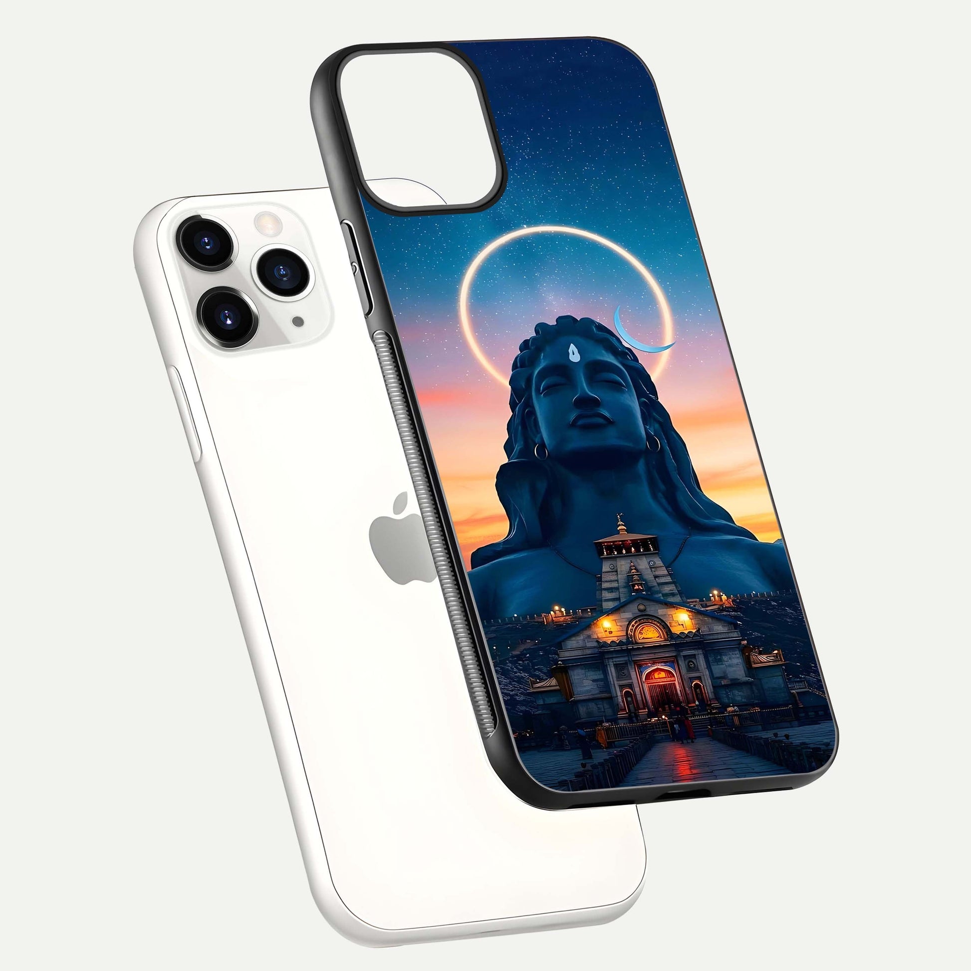 Eternal Shiva Aura Glass Case for iPhone 11 Pro floating mockup showing gloss texture and spiritual glow