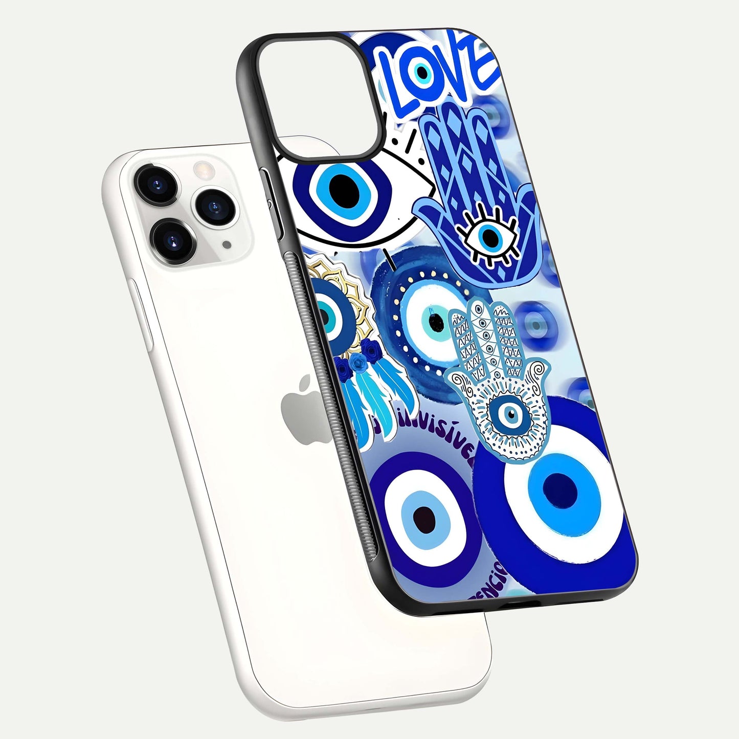 Evil Eyes Dream Glass Case for iPhone 11 Pro floating mockup showing glossy shine and elegant pattern clarity