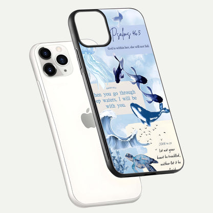 Faithful Ocean Promise Glass Case for iPhone 11 Pro floating mockup displaying glossy surface and vivid depth