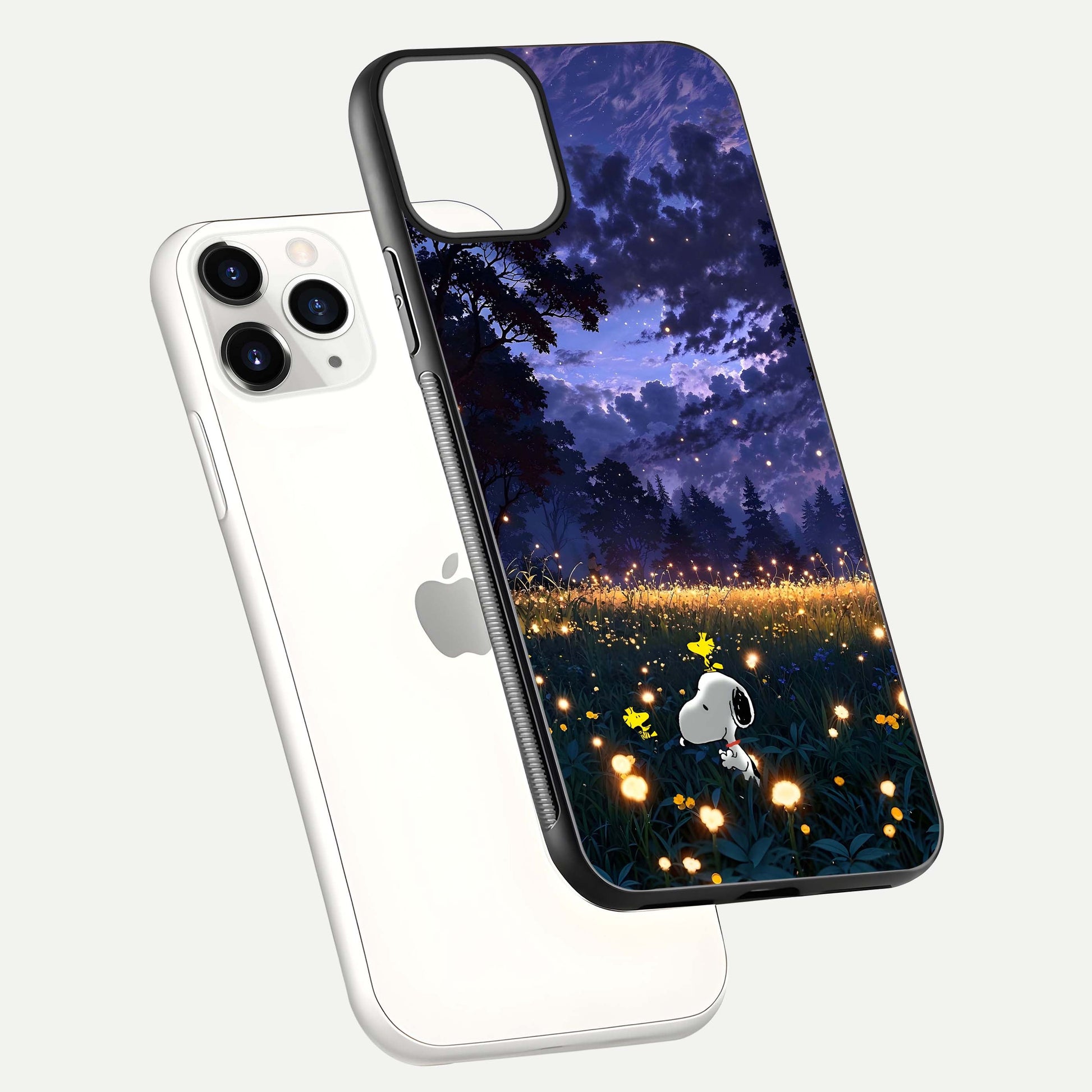 Firefly Meadow Magic Glass Case for iPhone 11 Pro floating mockup showing gloss polish and magical night hues