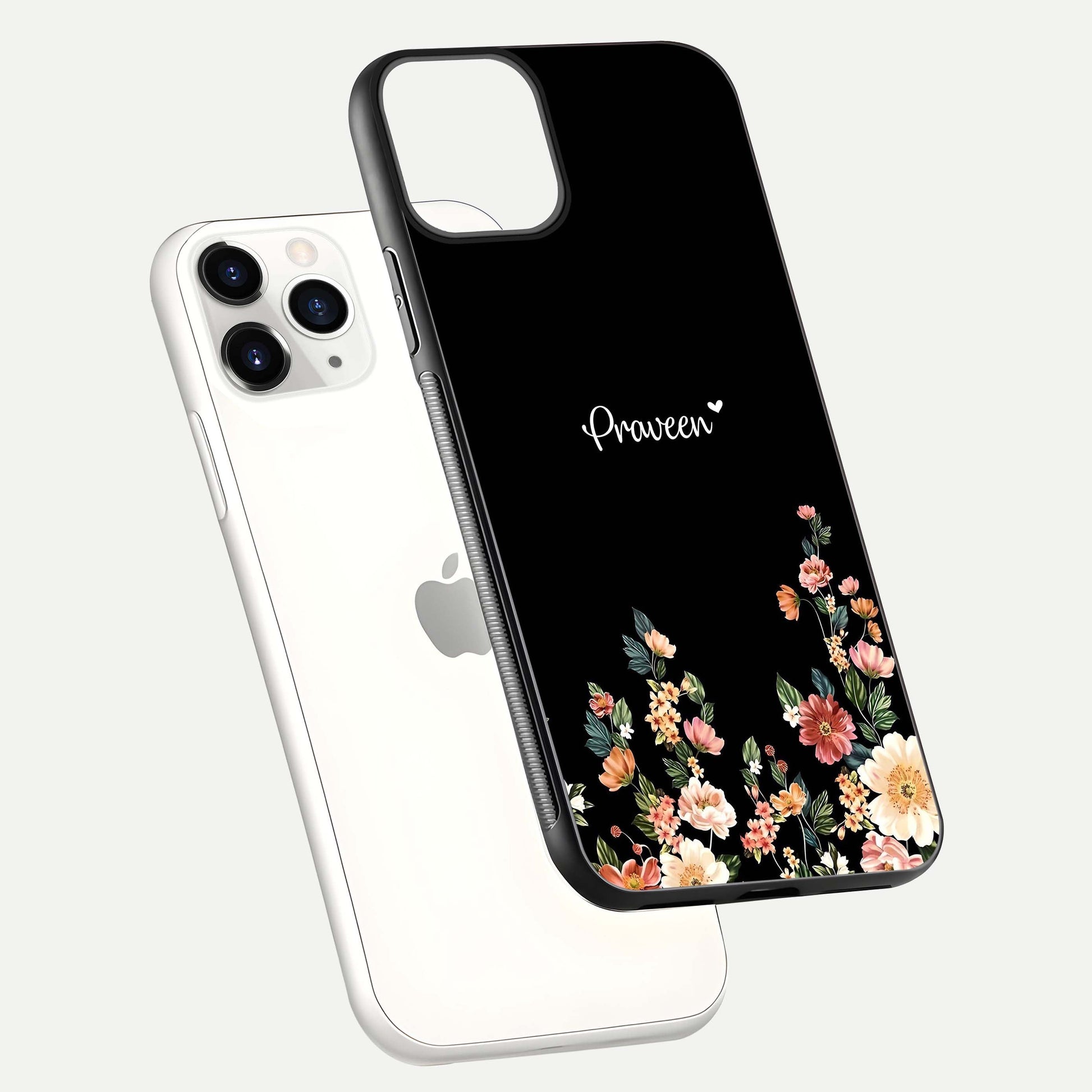 Floral Design Personalized Custom Name Glass Case for iPhone 11 Pro floating mockup showing reflection polish and vivid colors