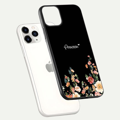 Floral Design Personalized Custom Name Glass Case for iPhone 11 Pro floating mockup showing reflection polish and vivid colors
