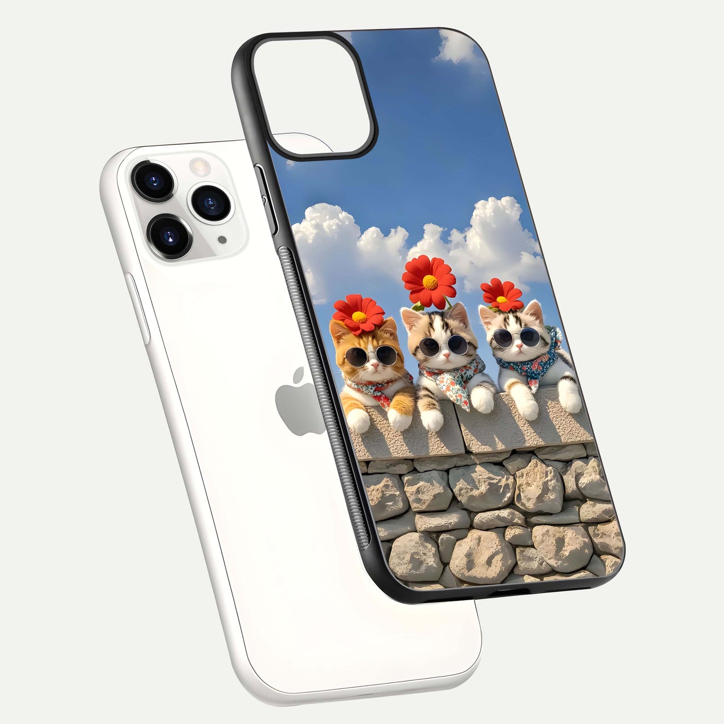 Floral Kitty Squad Glass Case for iPhone 11 Pro floating mockup showing gloss texture and playful charm
