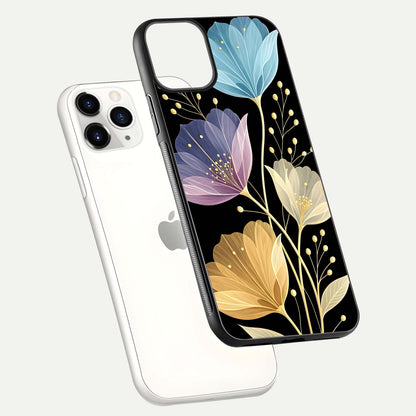 Flower Bloom Glow Glass Case for iPhone 11 Pro floating mockup showing HD shine and artistic detail