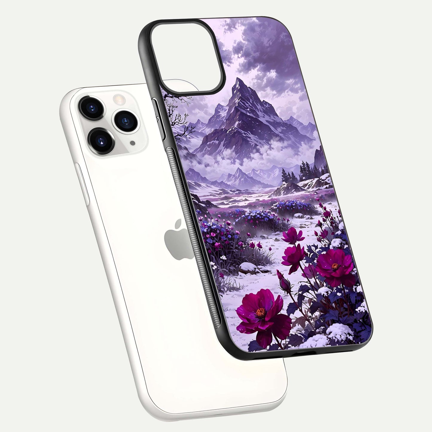 Flower Mountain View Glass Case for iPhone 11 Pro floating mockup showing reflection glow and artistic clarity